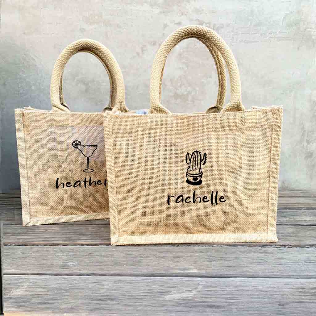 Unique boho burlap bags, perfect for bachelorette parties, birthdays, and various events. Custom printed using eco-friendly inks for a sustainable touch