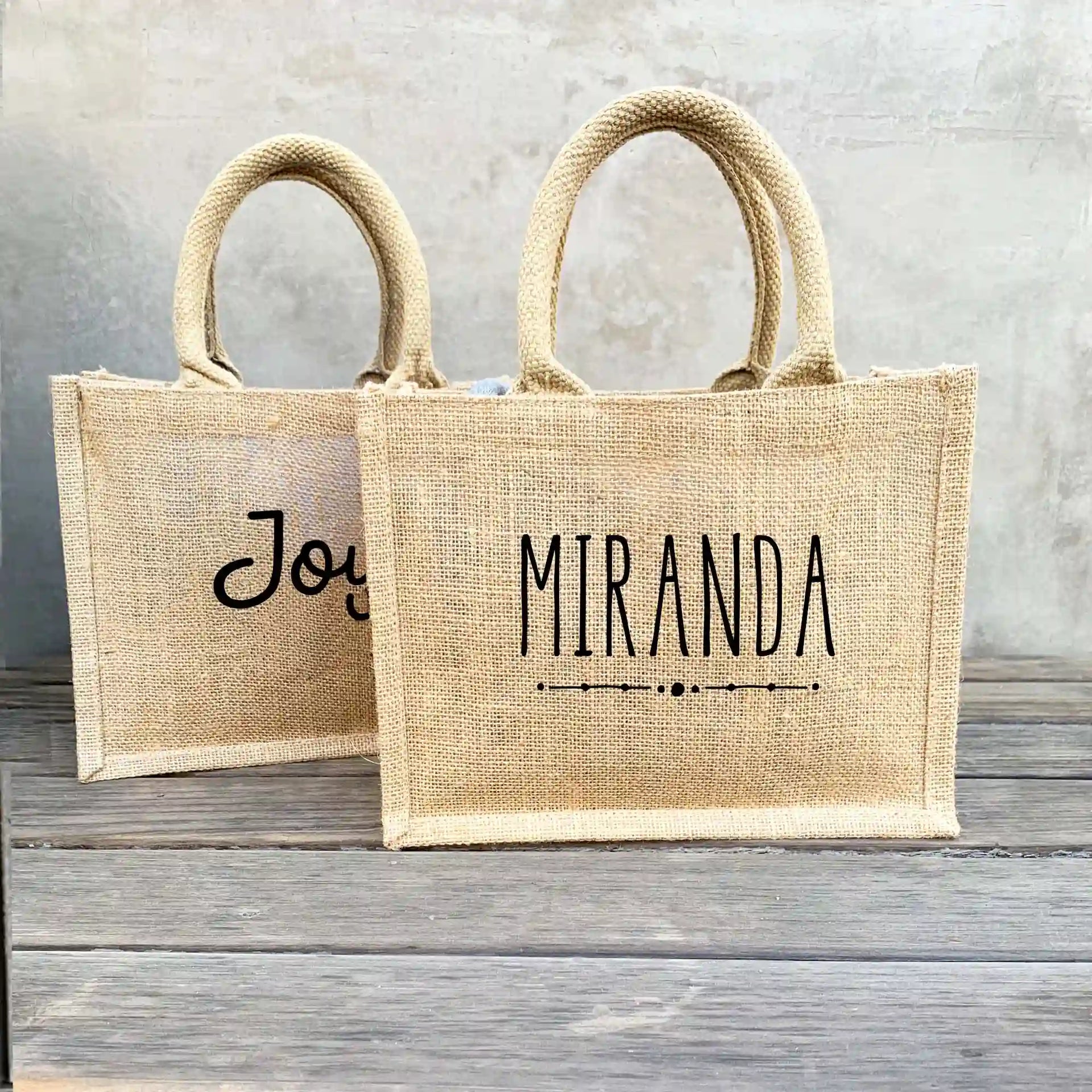 Whether it's for a bachelorette party, bridal bash, birthday, or any other celebration, this premium jute tote is durable, eco-friendly, and stylish. Personalized with a person's first name and your choice of font style and ink color.