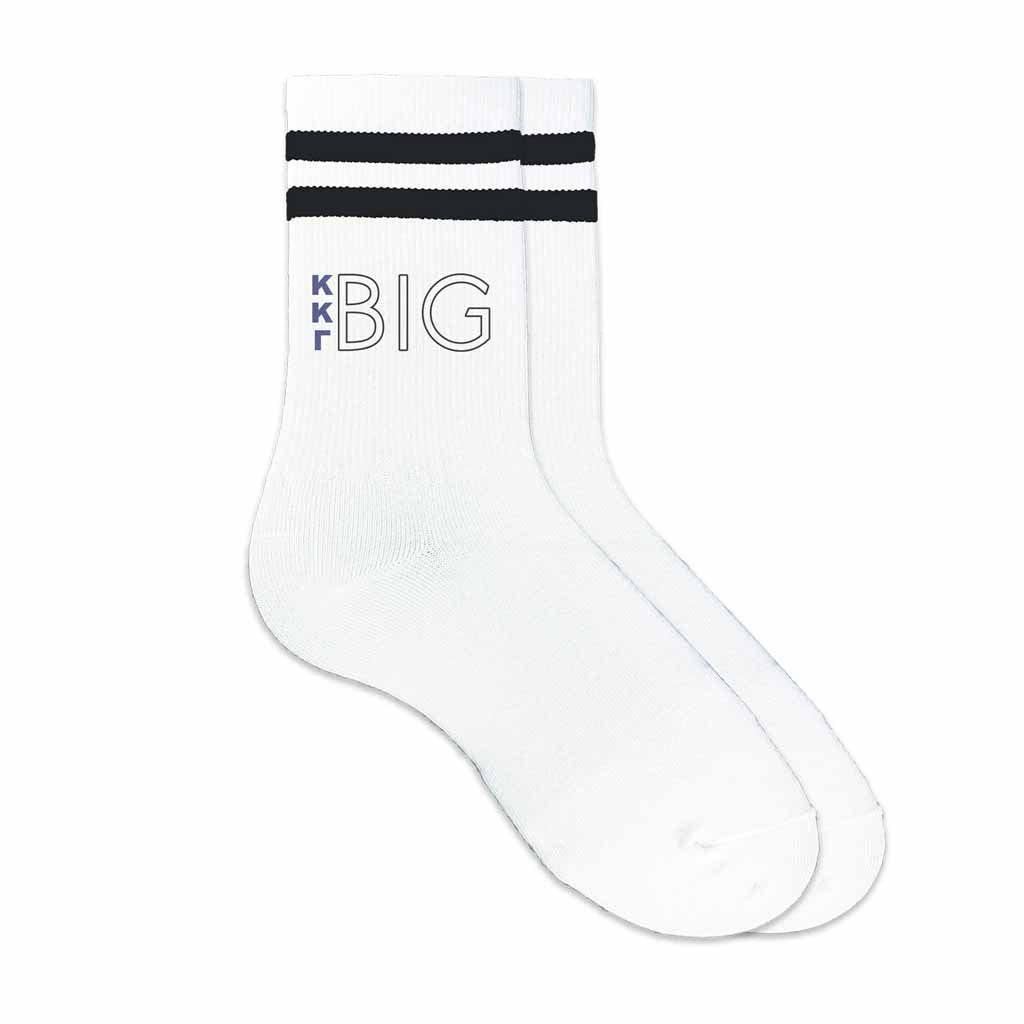 Kappa Kappa Gamma Greek letters digitally printed with big or little design on black striped crew socks.