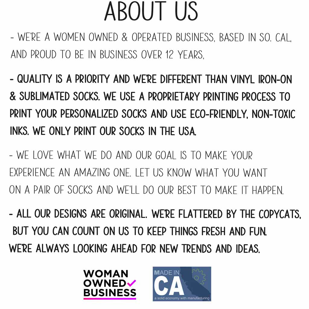 Sockprints "About Us" infographic highlighting the brand’s commitment to custom-printed socks, eco-friendly apparel inks, and made-to-order designs in the USA. Features key details about their personalized printing process, high-quality materials, and unique sock collections for various occasions.