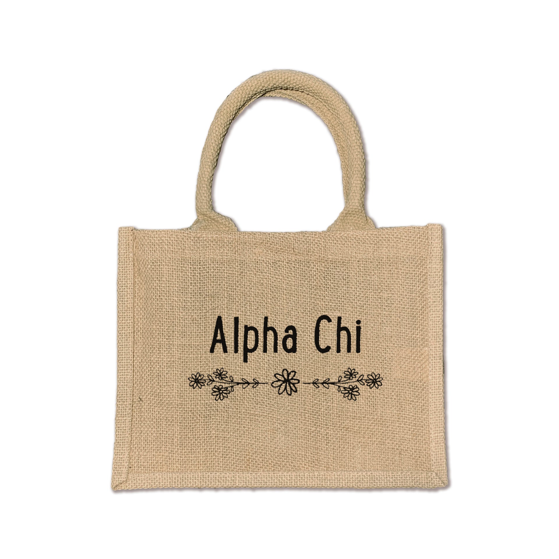 Express your Alpha Chi Omega pride with this floral burlap tote, designed for sorority events and daily use.