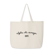 Alpha Chi Omega Tote Bag – A natural canvas tote bag featuring "Alpha Chi Omega" in stylish script, along with the founding year 1885, printed in bold lettering.