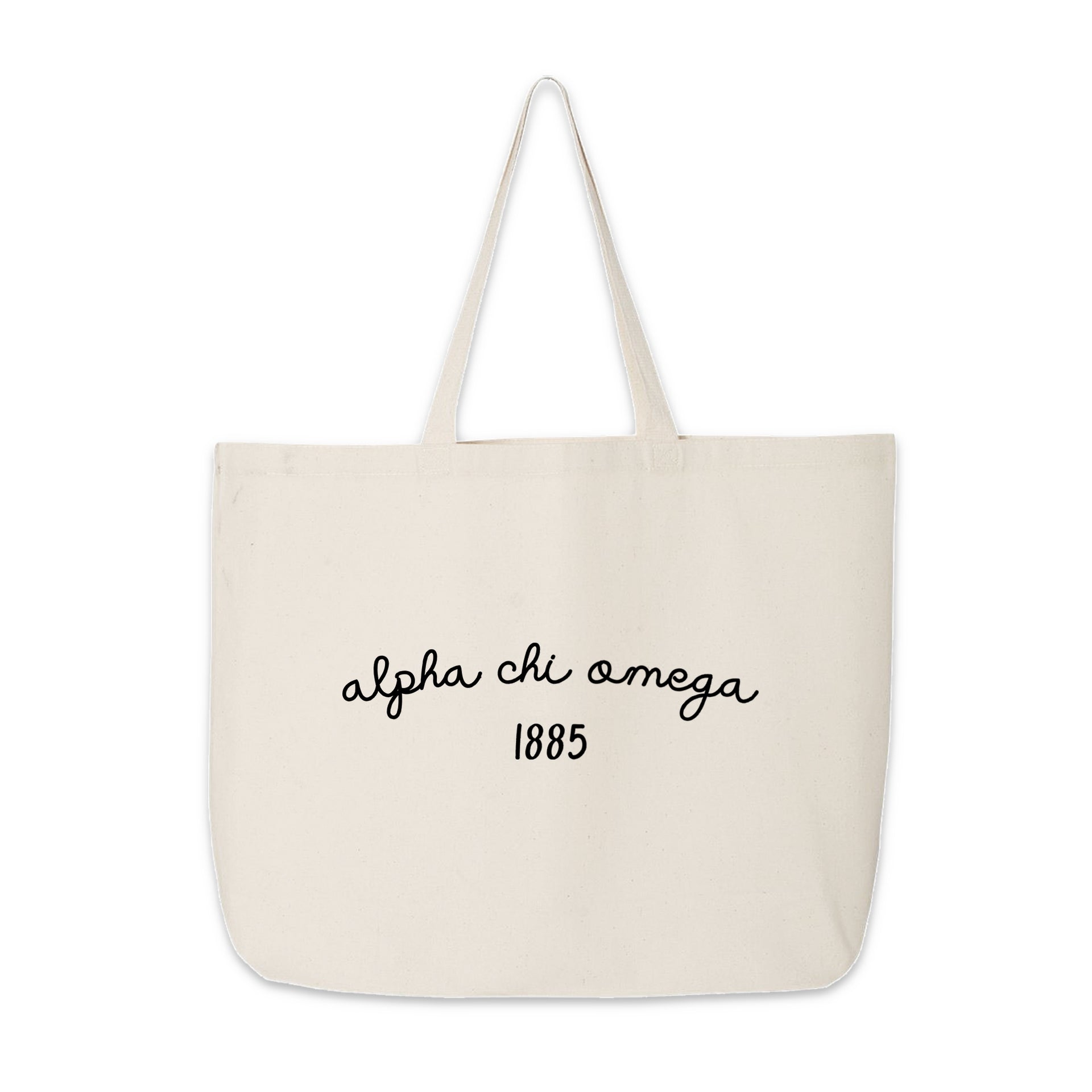 Alpha Chi Omega Tote Bag – A natural canvas tote bag featuring "Alpha Chi Omega" in stylish script, along with the founding year 1885, printed in bold lettering.