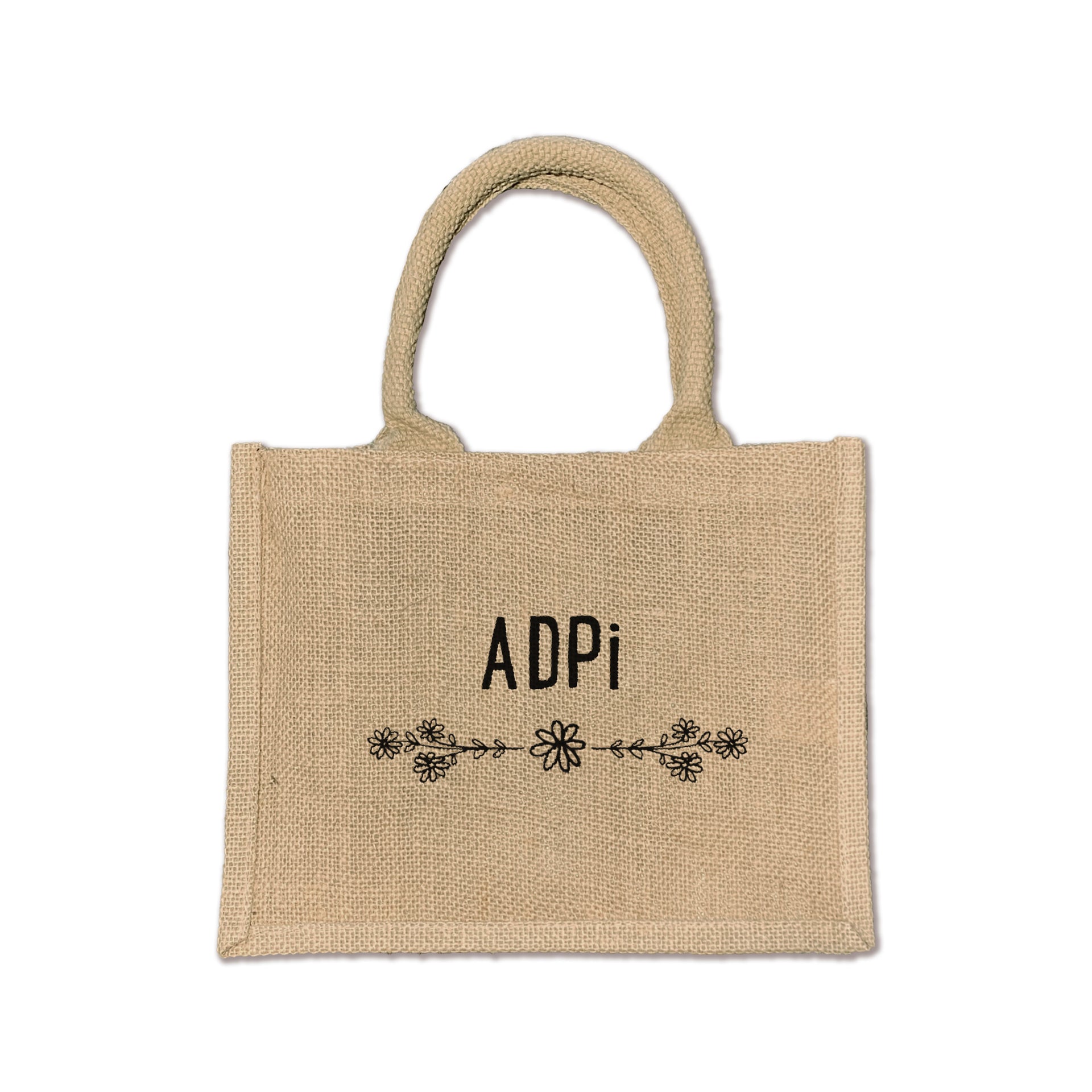 This floral burlap tote is the perfect accessory for Alpha Delta Pi sisters, offering style and practicality for everyday use.