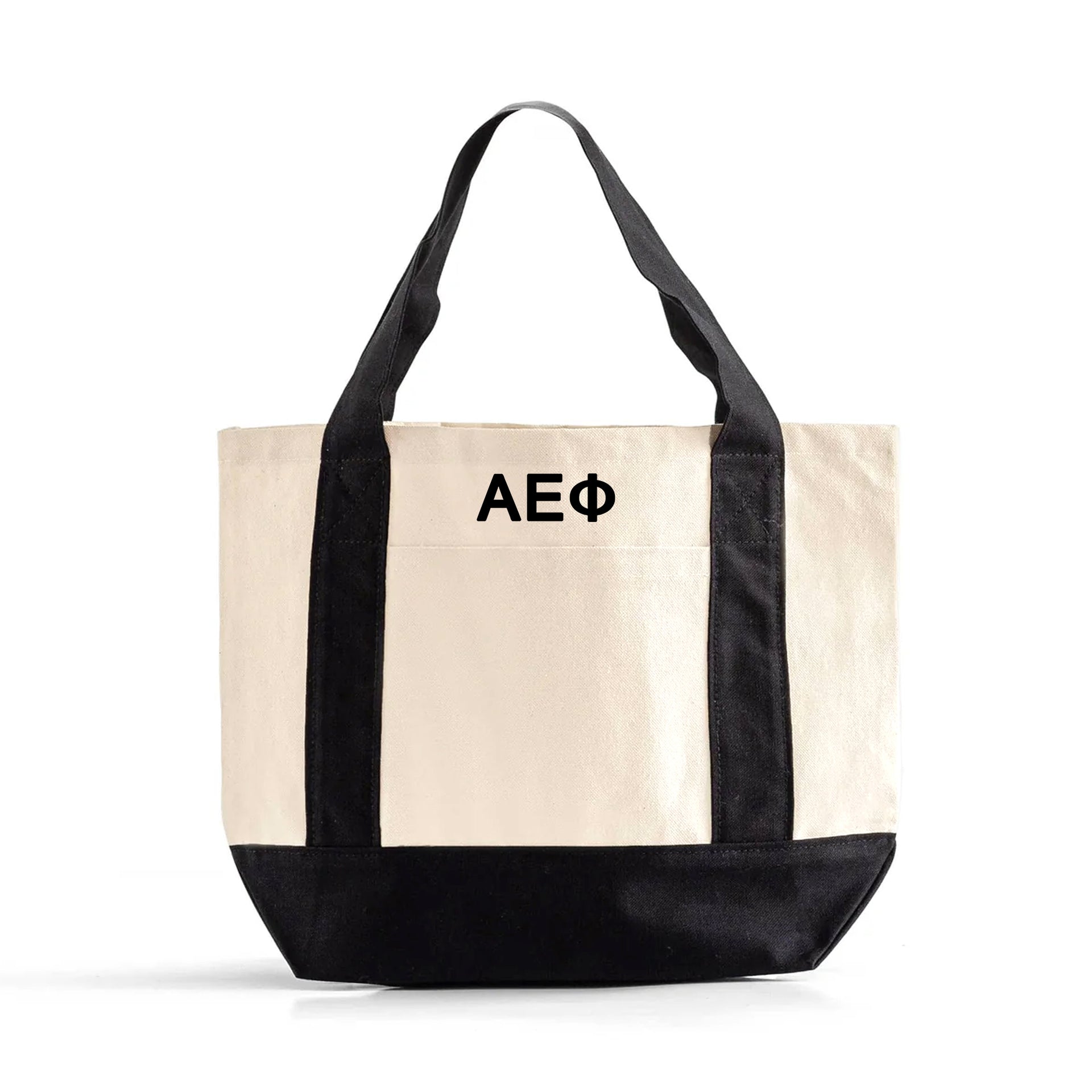 Alpha Epsilon Phi Mini Tote Bag – Eco-friendly and trendy mini tote featuring Alpha Epsilon Phi’s Greek letters with black trim, great for daily errands and sorority activities.