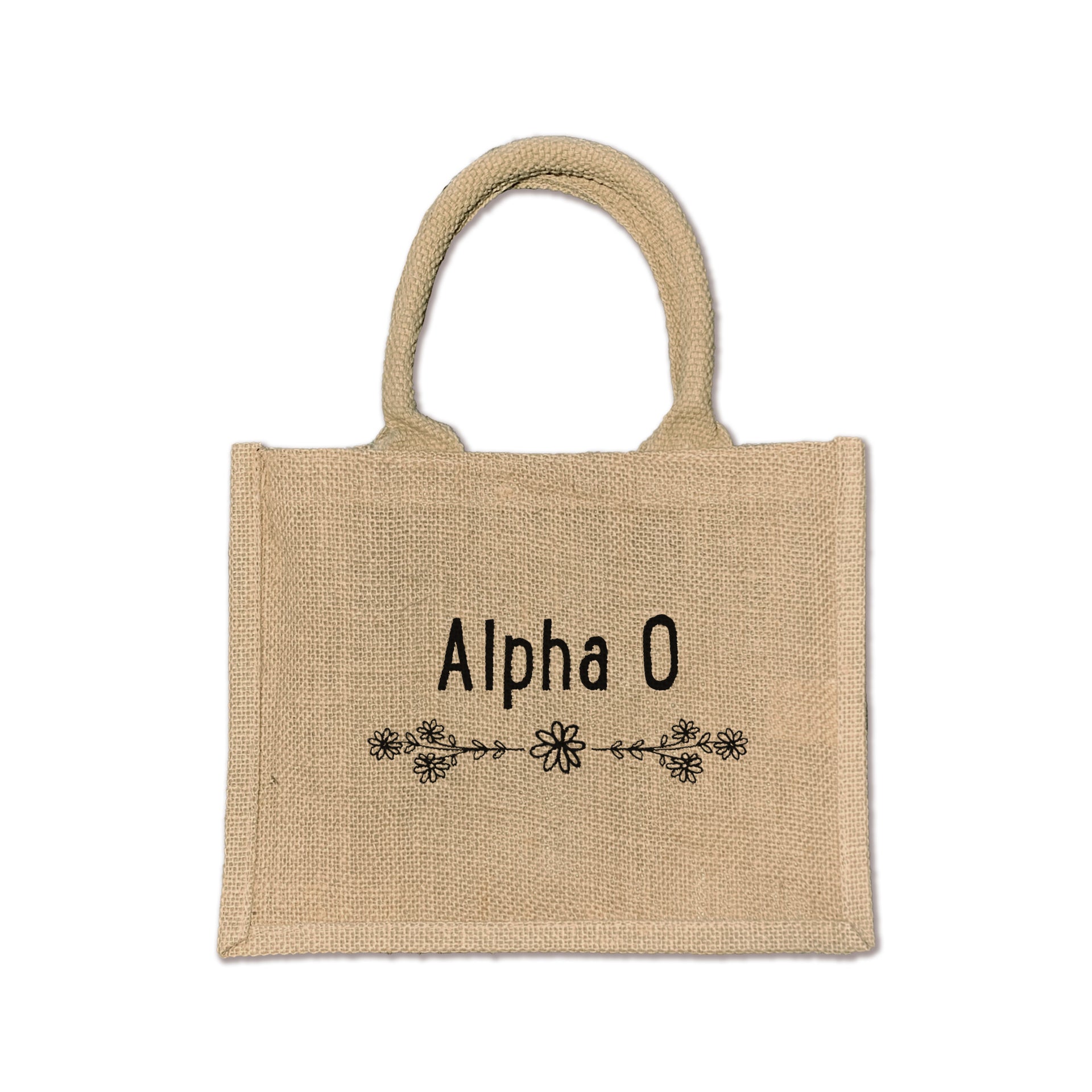 A chic floral burlap tote designed for Alpha Omicron Pi sisters, perfect for carrying your essentials with pride.