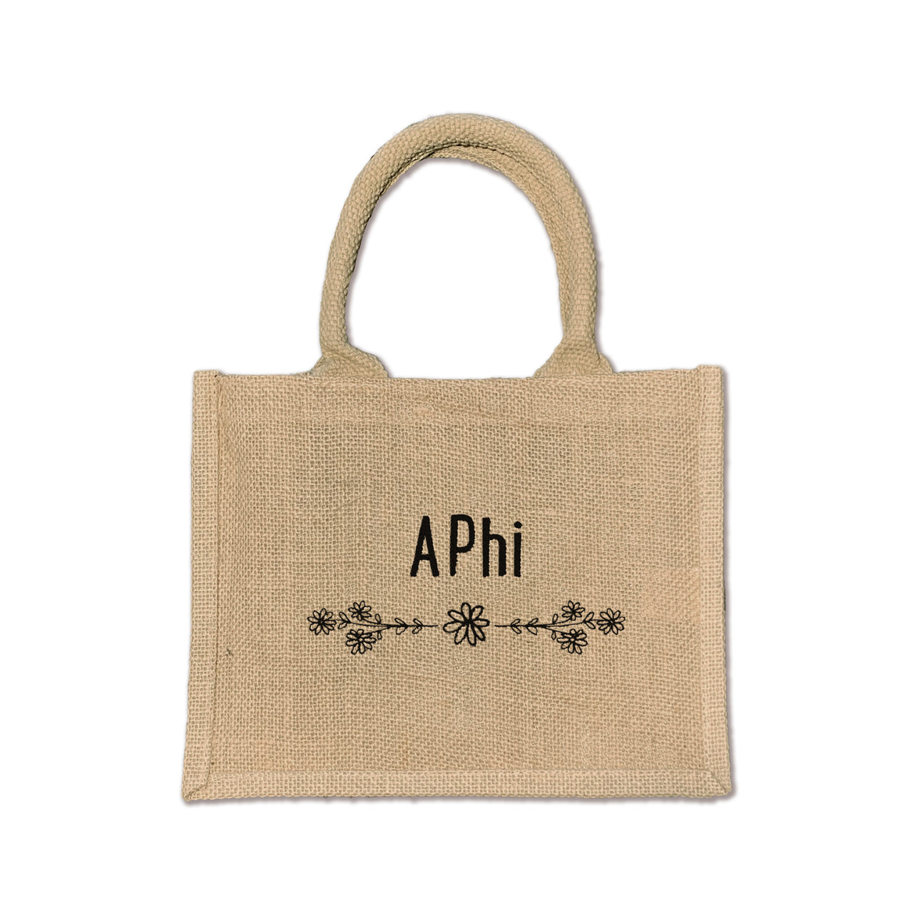 Express your Alpha Phi pride with this floral burlap tote, designed for sorority events and daily use.