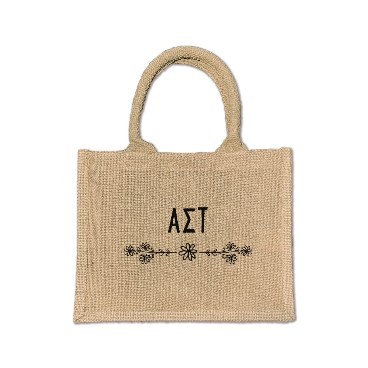 This floral burlap tote is the perfect accessory for Alpha Sigma Tau sisters, offering style and practicality for everyday use.