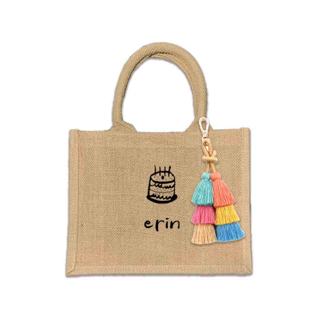 Custom boho burlap bags designed for occasions like bachelorette parties and birthdays. These bags feature vibrant prints made with eco-friendly inks and come with options for tassels and a selection of design motifs.