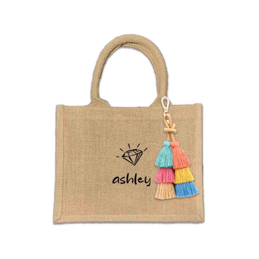 Custom boho burlap bags designed for occasions like bachelorette parties and birthdays. These bags feature vibrant prints made with eco-friendly inks and come with options for tassels and a selection of design motifs.