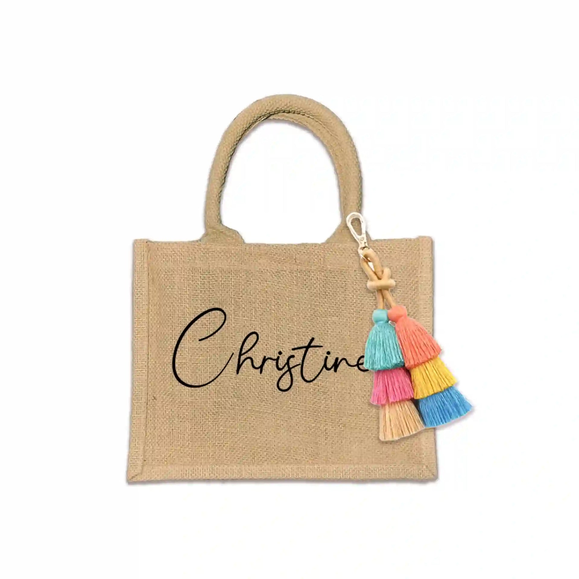 Whether it's for a bachelorette party, bridal bash, birthday, or any other celebration, this premium jute tote is durable, eco-friendly, and stylish. Personalized with a person's first name and your choice of font style and ink color.