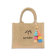 Custom boho burlap bags designed for occasions like bachelorette parties and birthdays. These bags feature vibrant prints made with eco-friendly inks and come with options for tassels and a selection of design motifs.