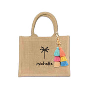 Custom boho burlap bags designed for occasions like bachelorette parties and birthdays. These bags feature vibrant prints made with eco-friendly inks and come with options for tassels and a selection of design motifs.