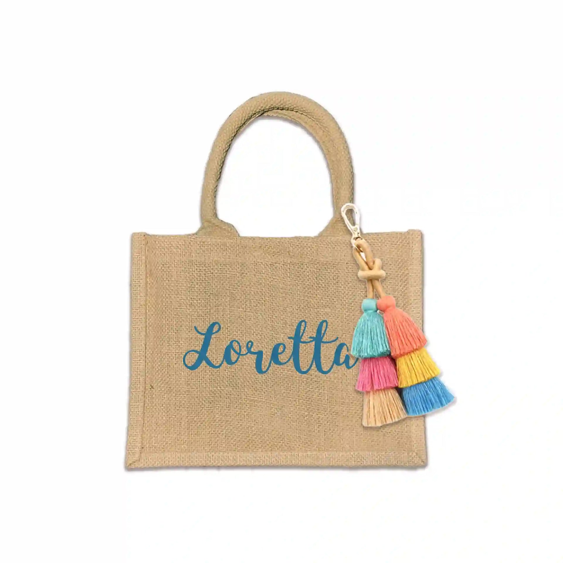 Whether it's for a bachelorette party, bridal bash, birthday, or any other celebration, this premium jute tote is durable, eco-friendly, and stylish. Personalized with a person's first name and your choice of font style and ink color.