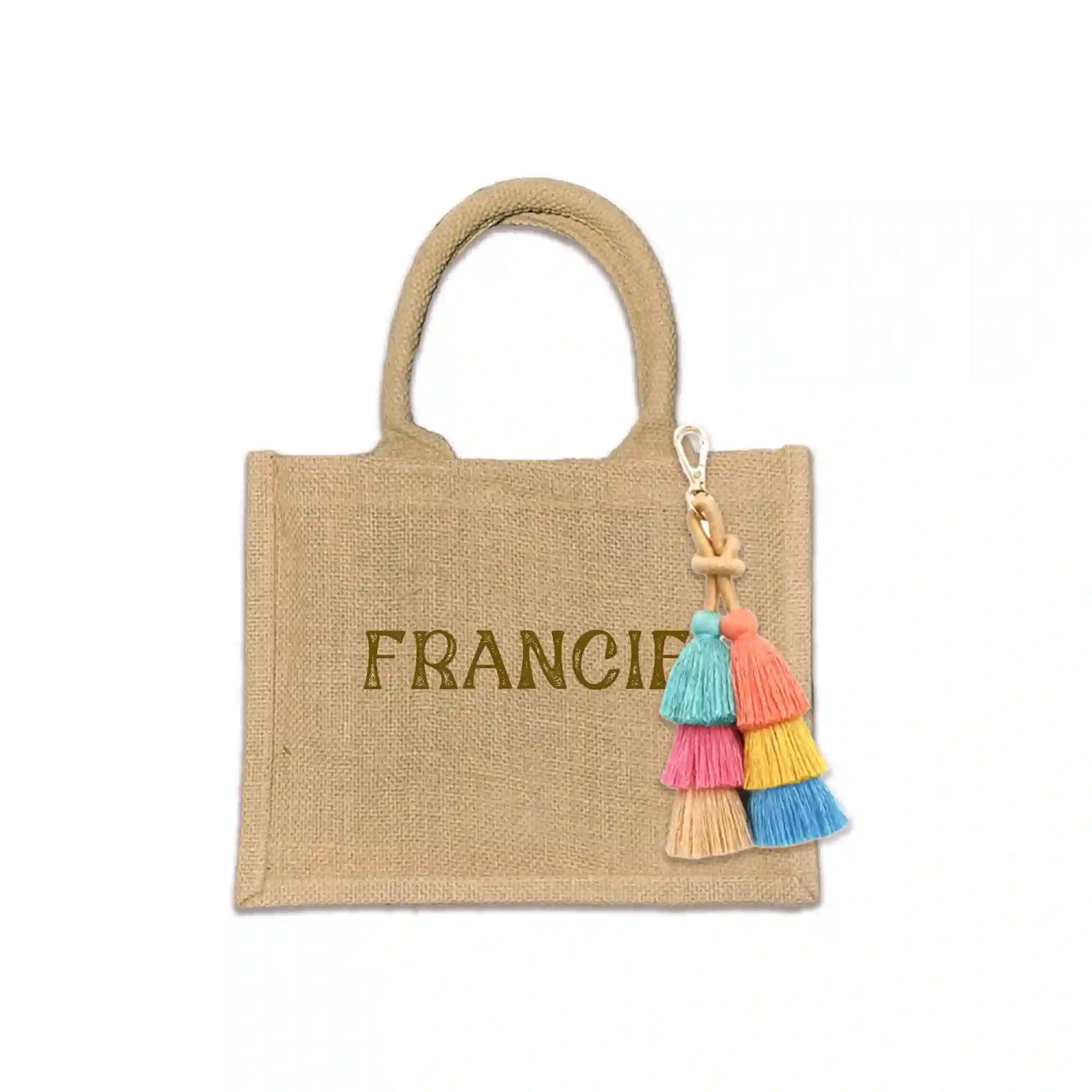 Bohemian-style burlap tote bag featuring eco-friendly ink prints, available with or without a decorative tassel.