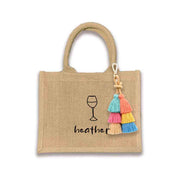 Custom boho burlap bags designed for occasions like bachelorette parties and birthdays. These bags feature vibrant prints made with eco-friendly inks and come with options for tassels and a selection of design motifs.