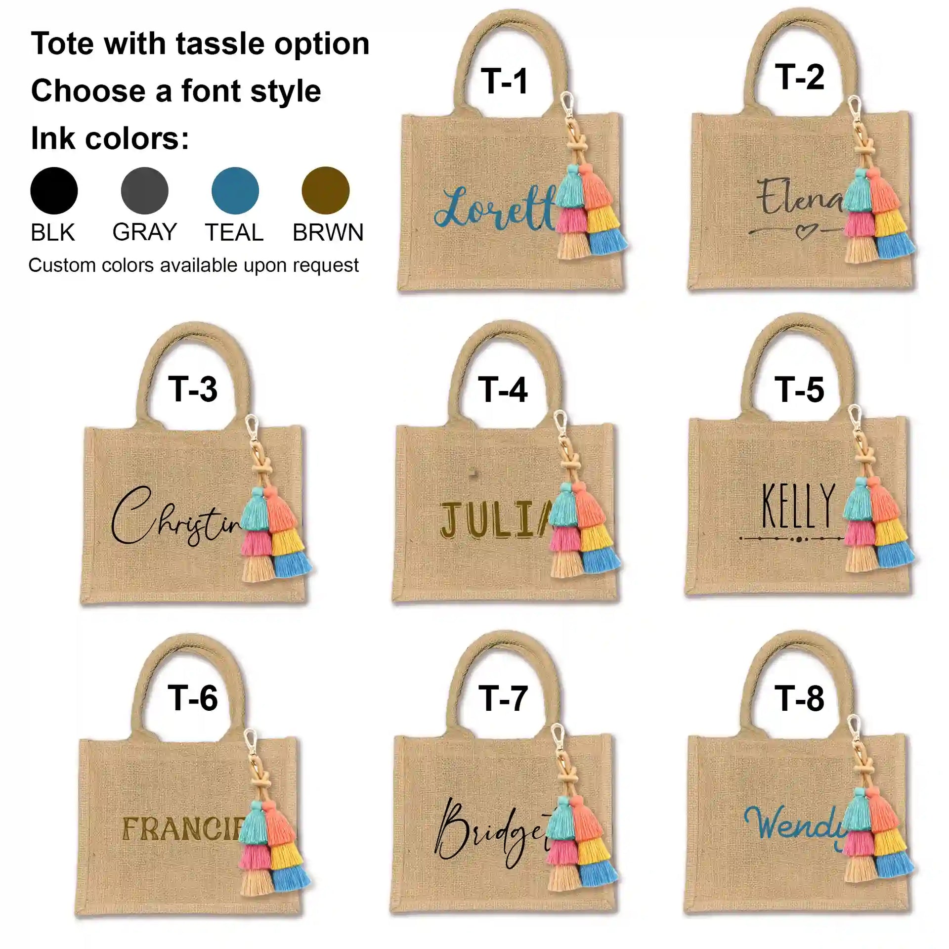 We've added a fun and colorful boho tassel as an option for an added touch, and it can be used in all sorts of creative ways. Plus, choose from a variety of vibrant designs and ink colors to make it uniquely yours. This tote is your go-to for a personalized gift with style and charm!