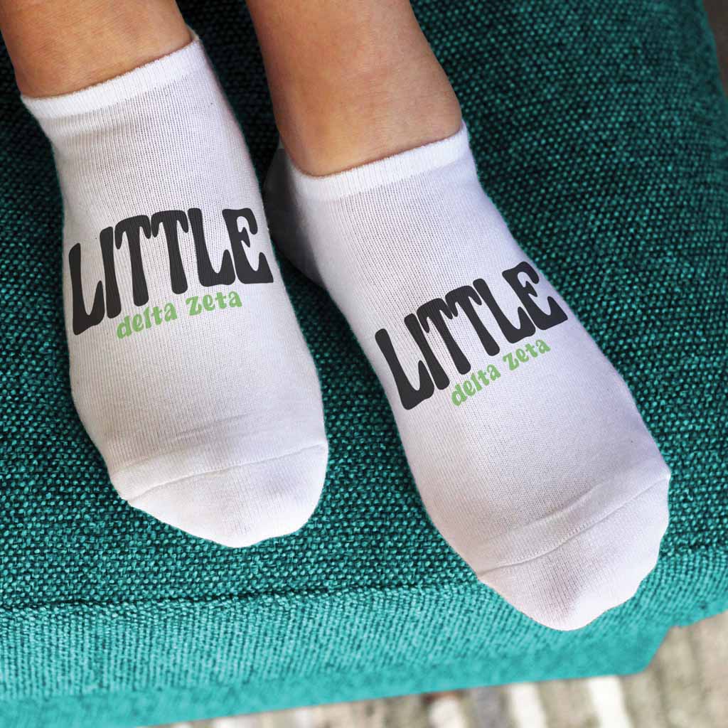 Fun Delta Zeta no show socks with big or little design digitally printed on white cotton no show socks.