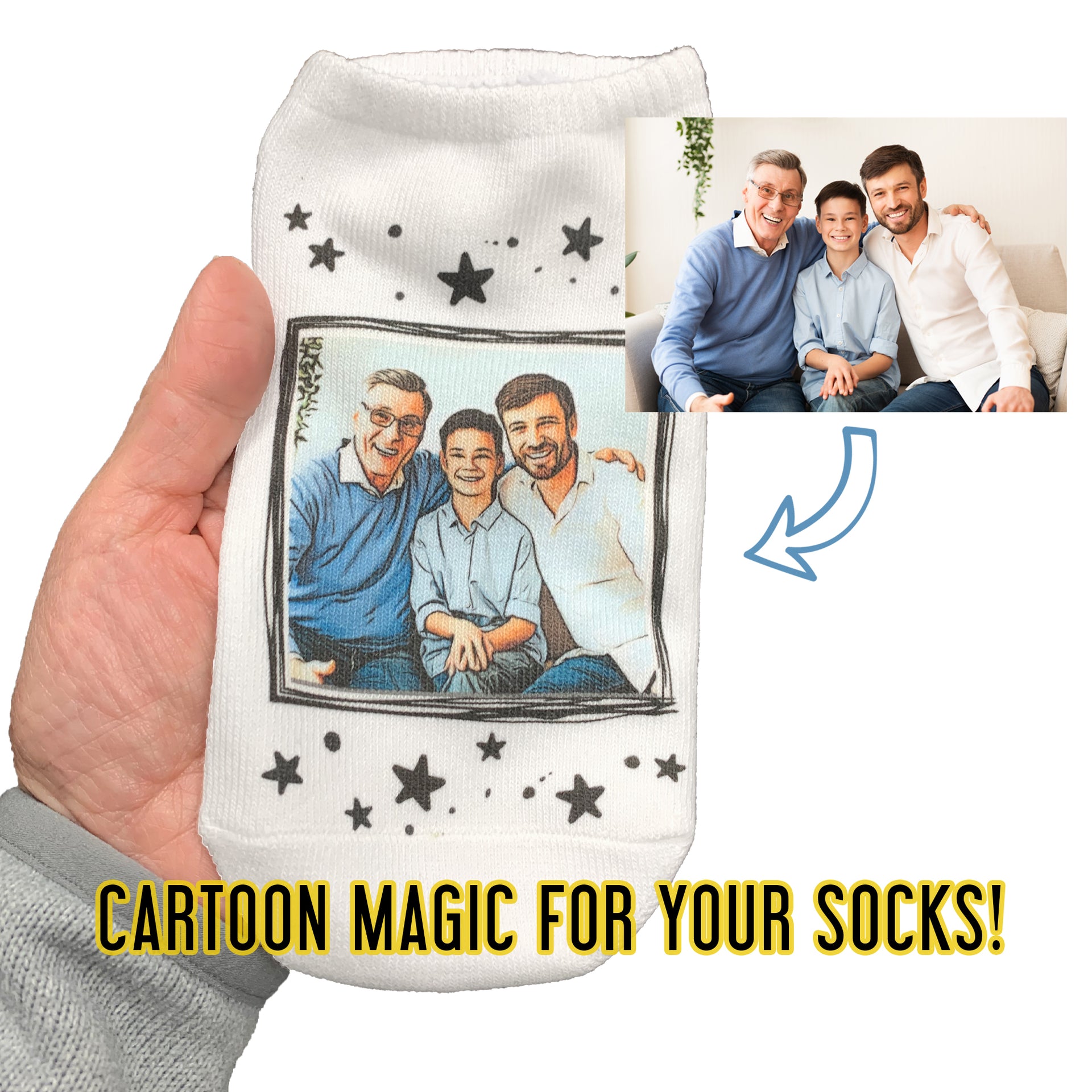 Make cartoon magic on your no show footie socks with your favorite photo! 