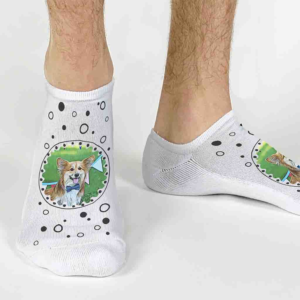 Looking for a unique no show photo socks? These are printed with a fun cartoonized version of your favorite photo on white no show socks! 