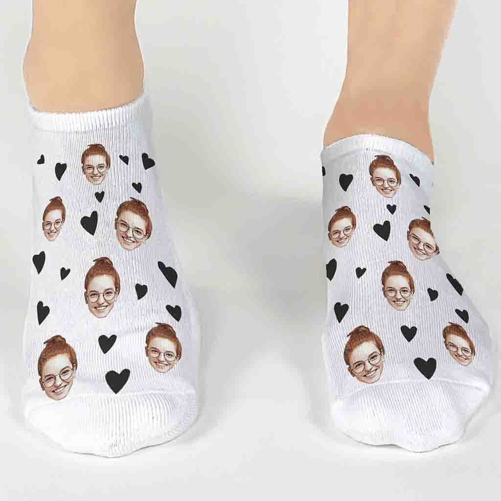 Printed with a personal photo of your choice on no show socks with a cute heart pattern around. 