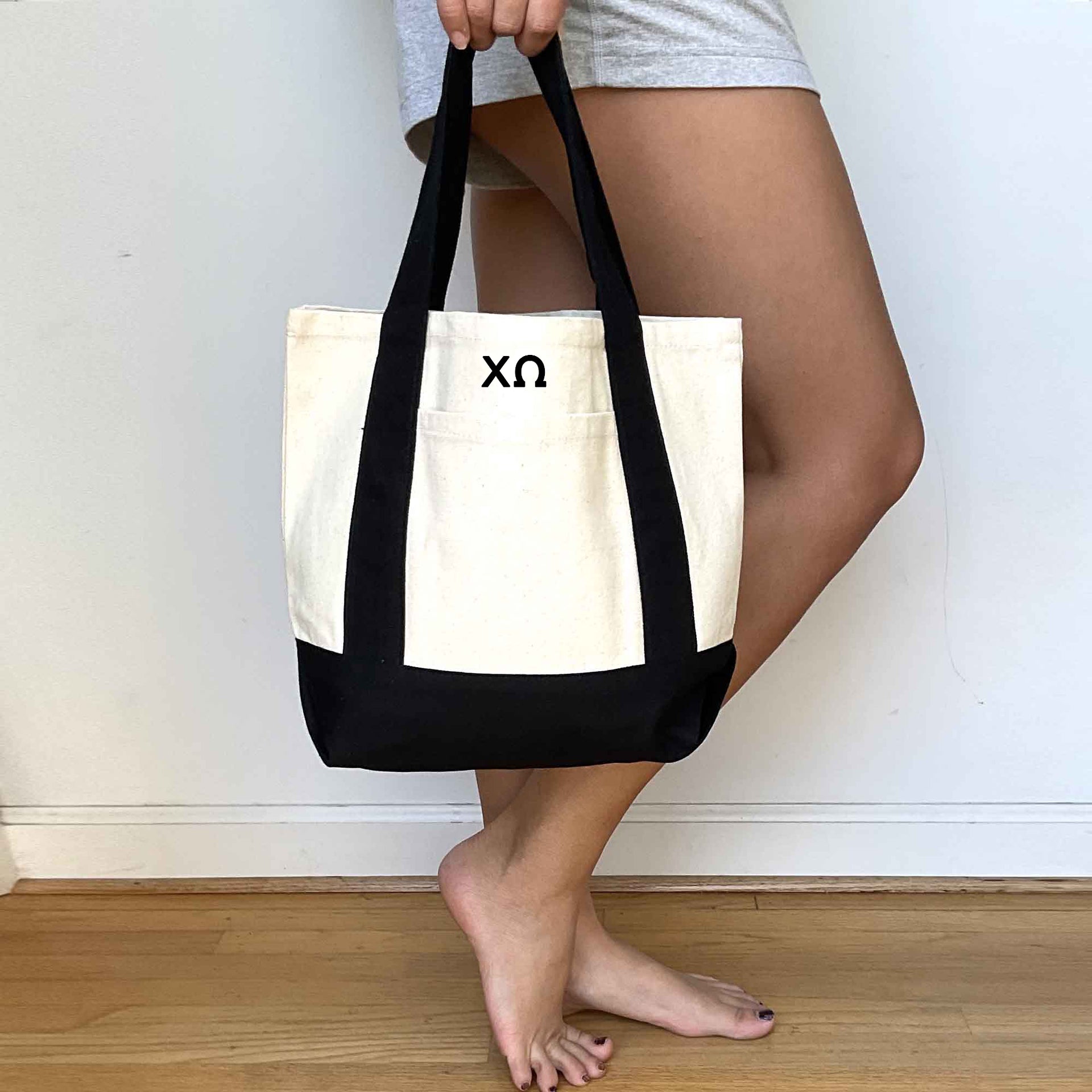 Chi Omega Sorority Canvas Tote – Stylish canvas tote displaying the Greek letters of Chi Omega, ideal for everyday use.