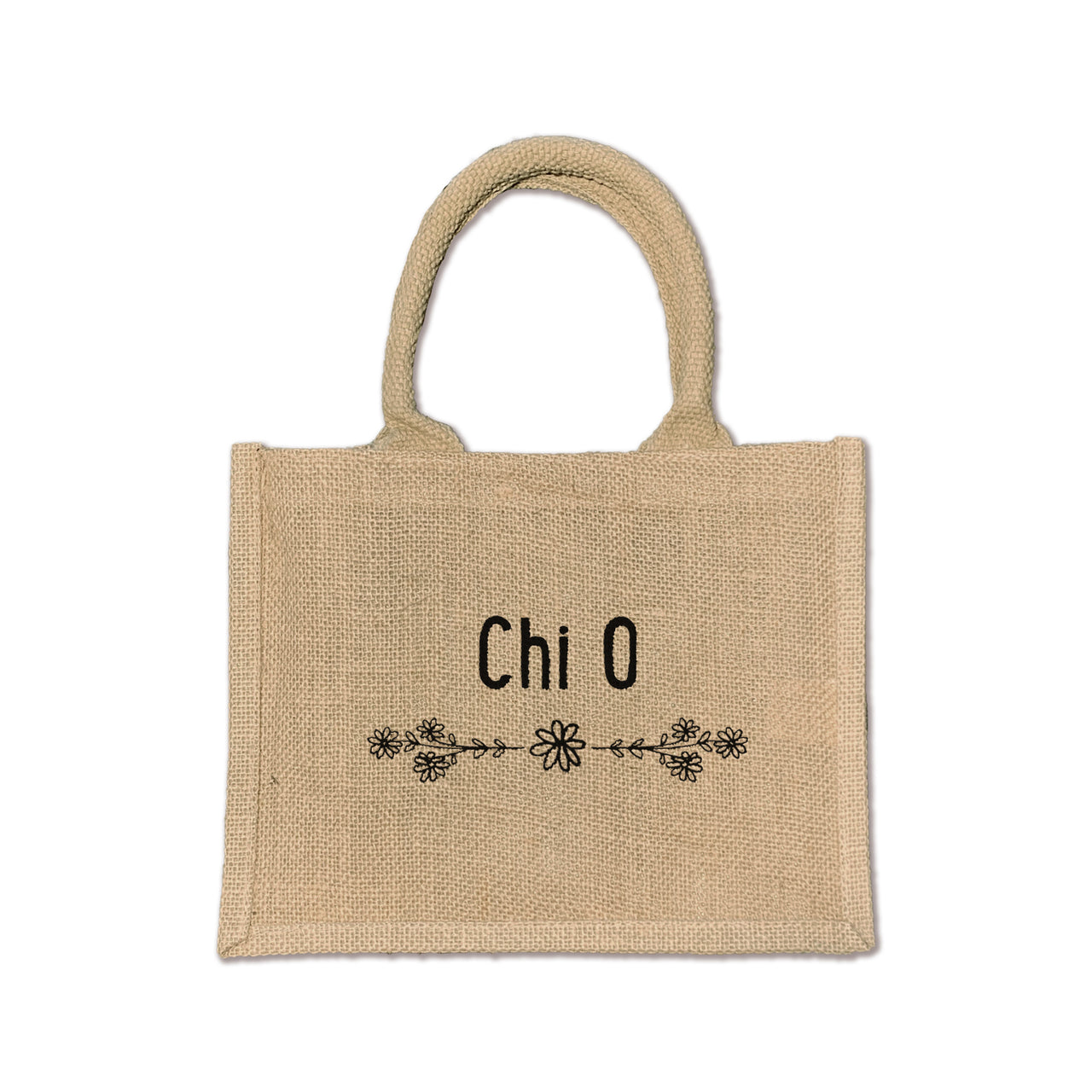 Show off your Chi Omega pride with this stylish floral burlap tote, the perfect accessory for sorority life and Greek events.