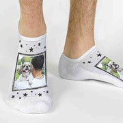 These white no show footie socks are custom printed with a framed cartoonized photo! 