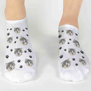 Our custom photo no-show socks feature a fun "cartoon" effect of their pet’s photo with an adorable paw print design. Perfect for any dog or cat parent, these playful socks add a personal touch to gift giving, and are an affordable, thoughtful way to make someone’s day!