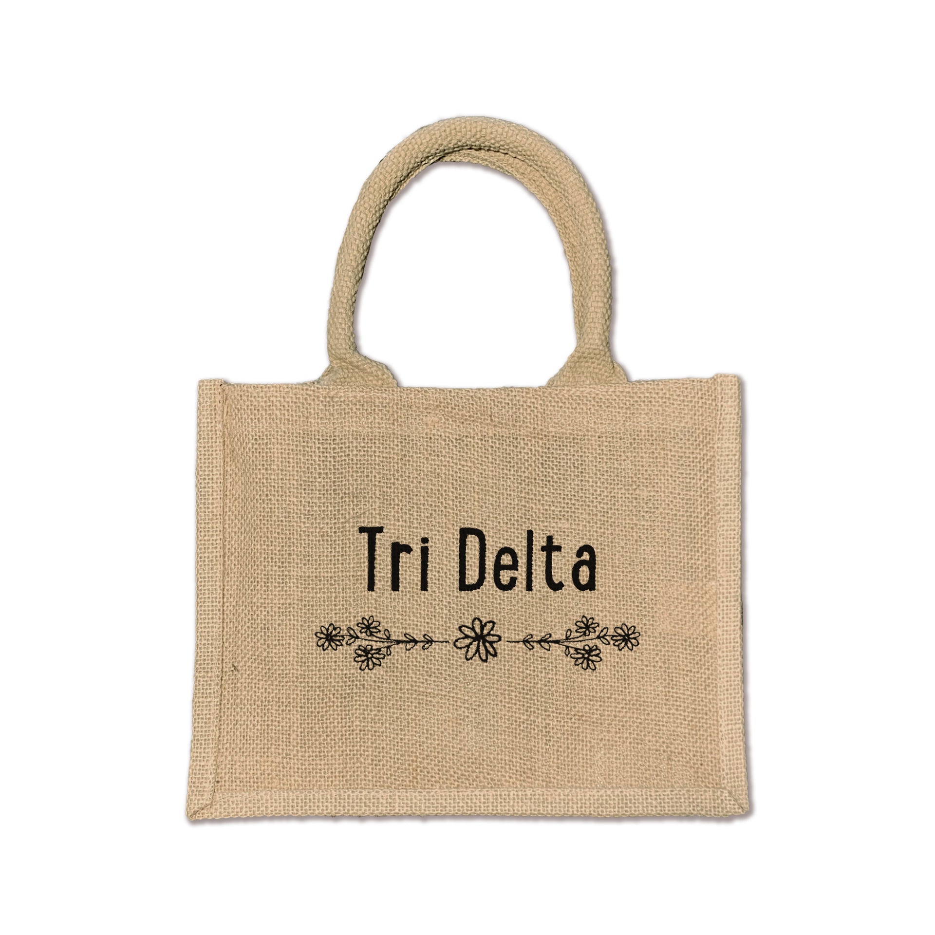 Carry your Delta Delta Delta spirit with this eco-friendly floral burlap tote, perfect for everyday sorority life and celebrations.