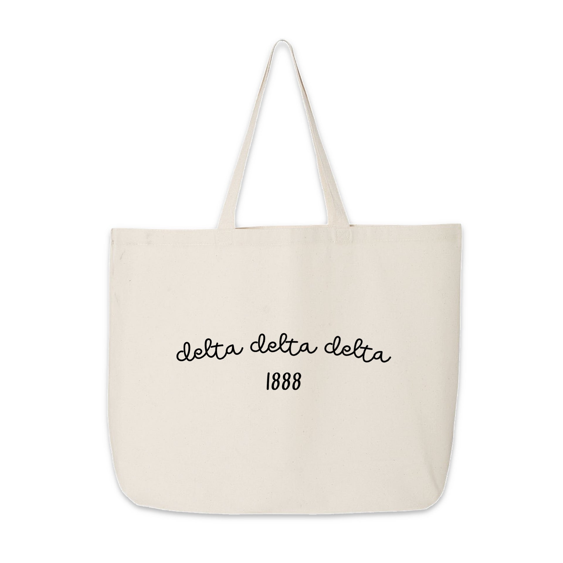 Delta Delta Delta Tote Bag – A spacious sorority bag featuring "Delta Delta Delta" and 1888, designed for carrying books, gifts, and more.