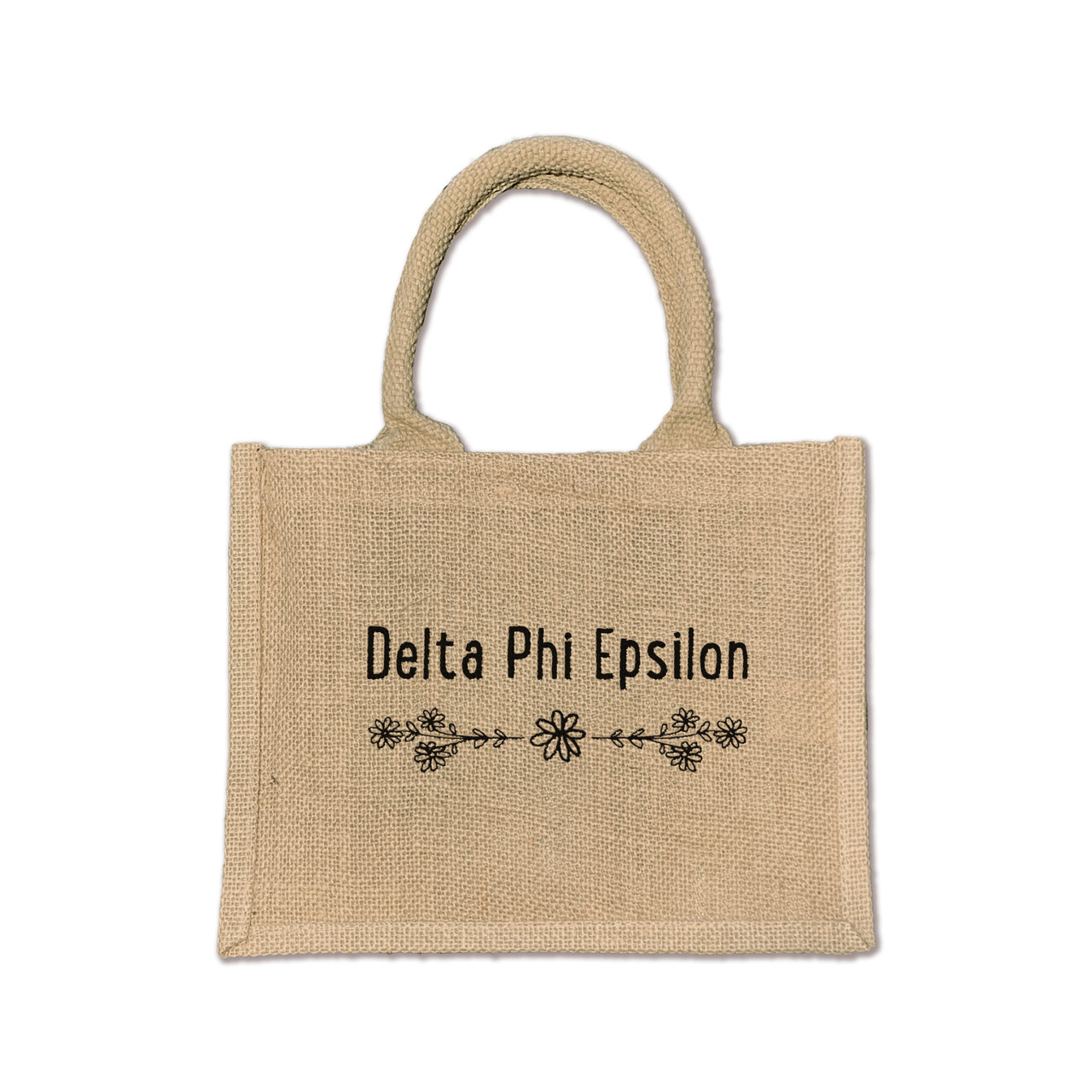 A chic floral burlap tote designed for Delta Phi Epsilon sisters, perfect for carrying your essentials with pride.