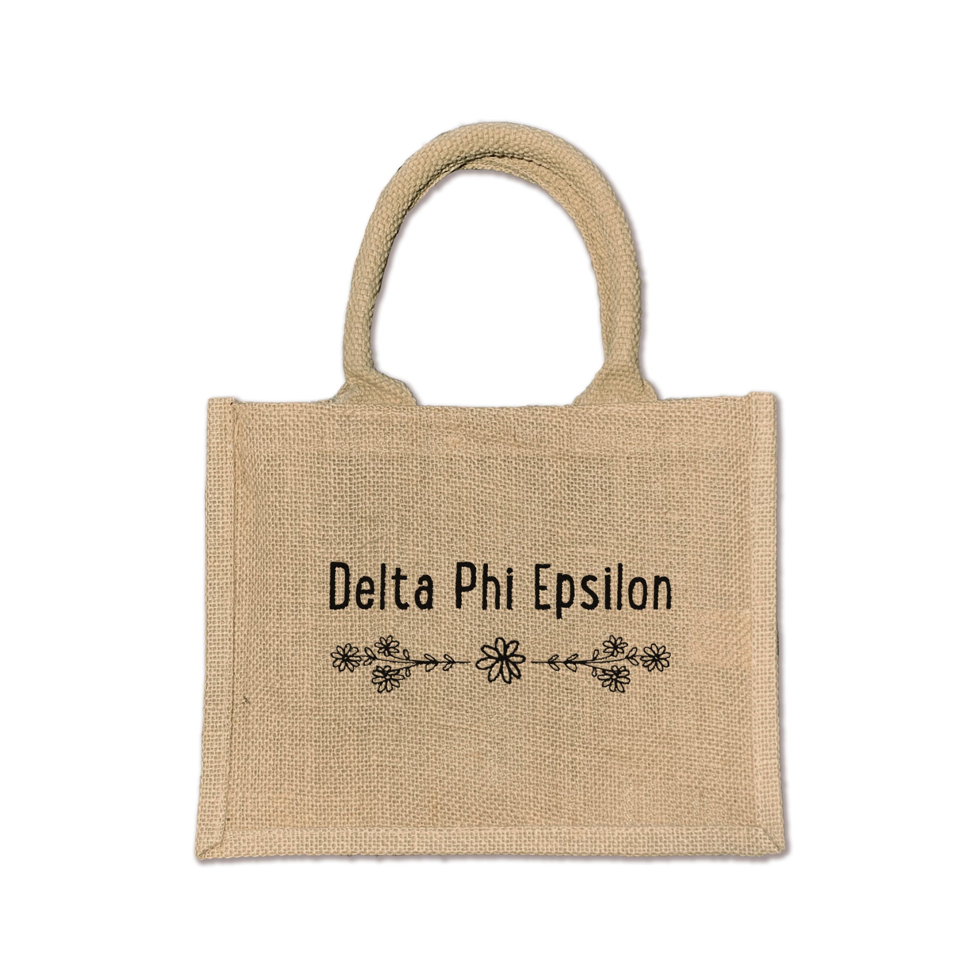 A chic floral burlap tote designed for Delta Phi Epsilon sisters, perfect for carrying your essentials with pride.