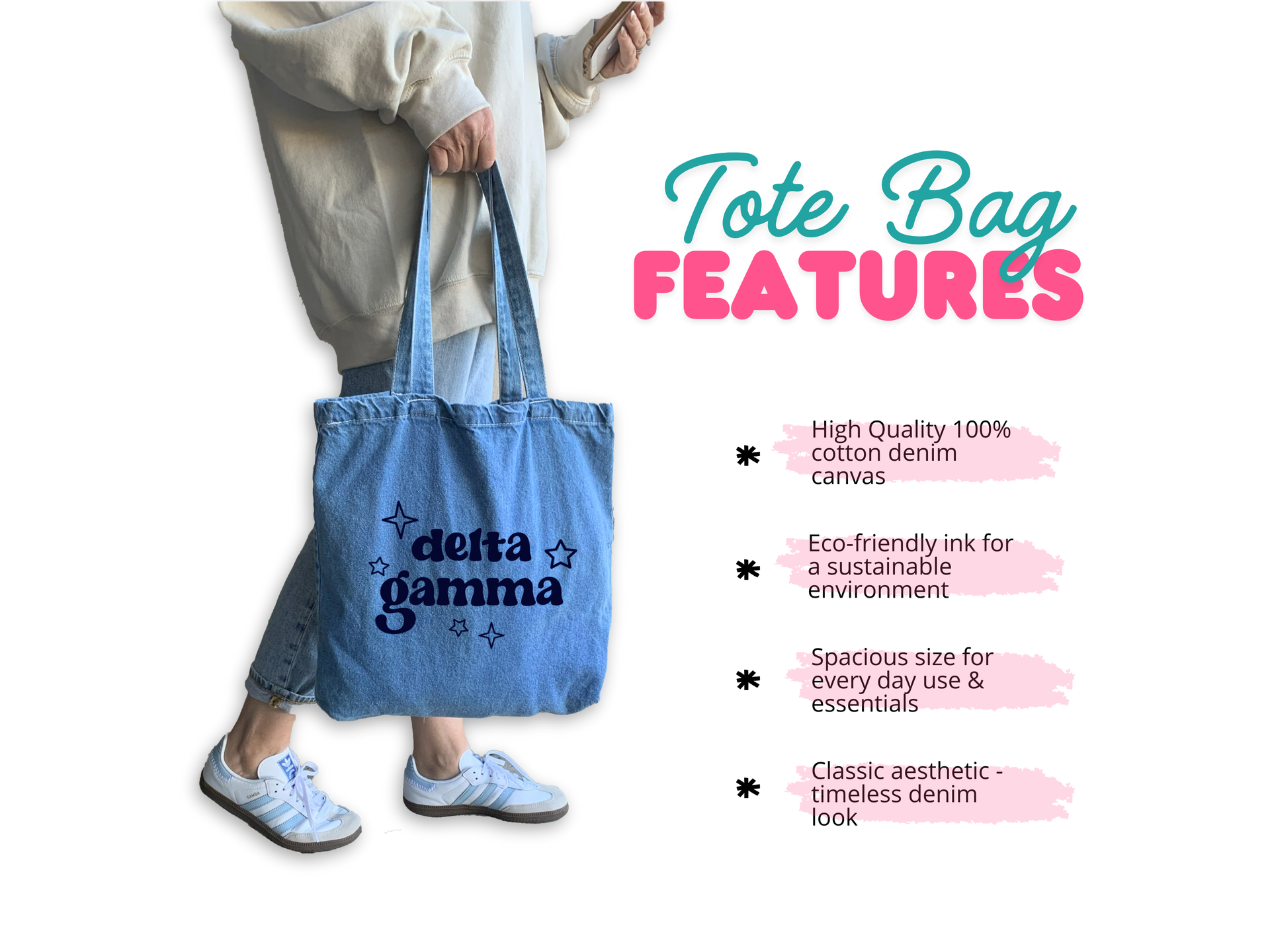 Sockprints denim sorority tote bag features infograph