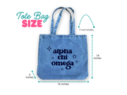 Sockprints denim sorority tote bag size infograph