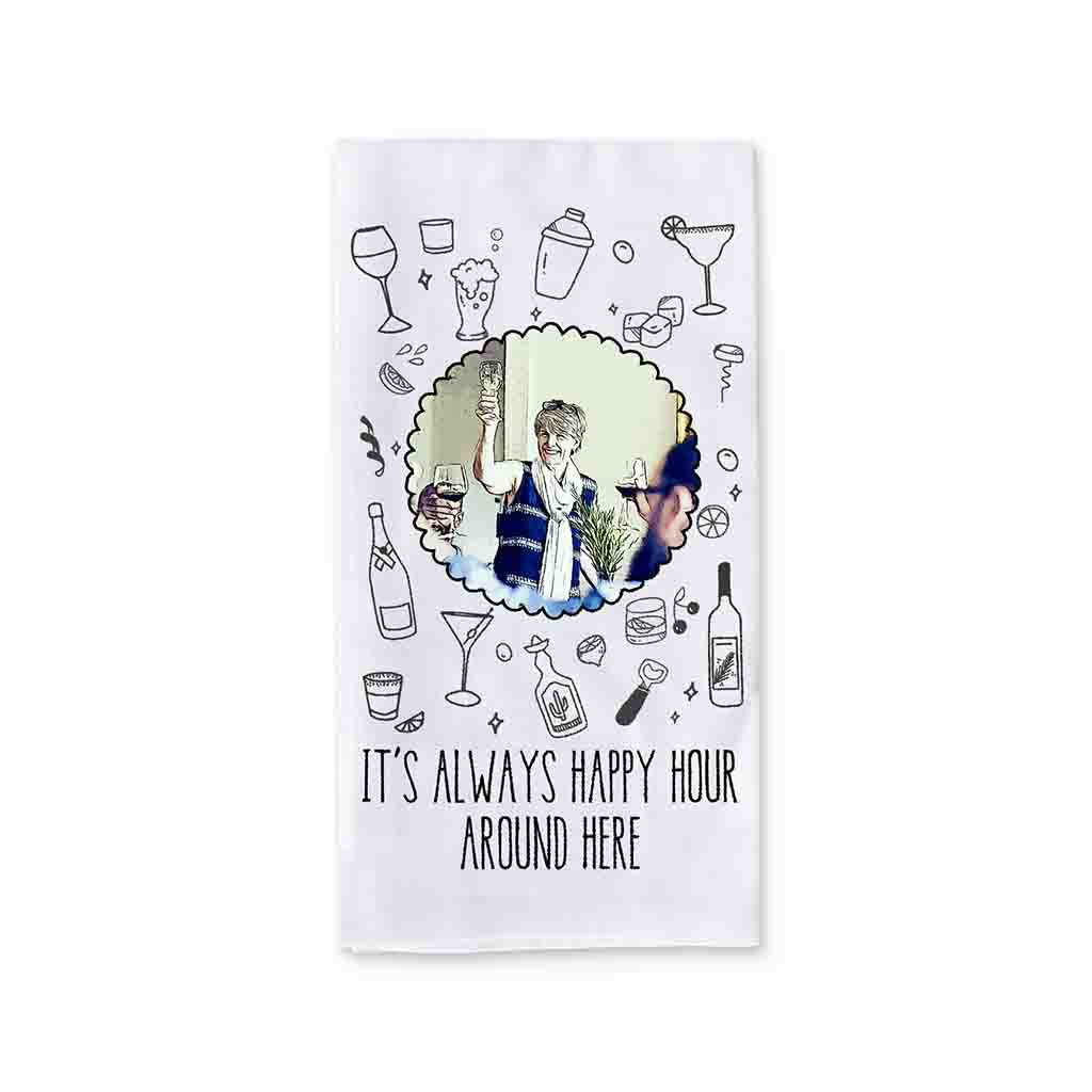 Fun bar towel with happy hour saying and custom cartoon photo