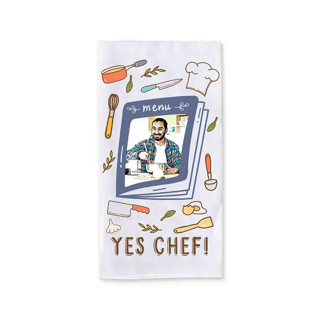 Cartoon photo kitchen towel with "Yes Chef!" phrase