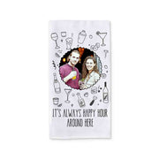 Personalized bar towel with cartoon photo and happy hour theme