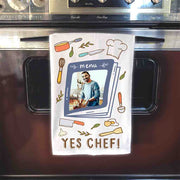 Custom kitchen towel with Yes Chef!, and cartoonized photo printed on the towel