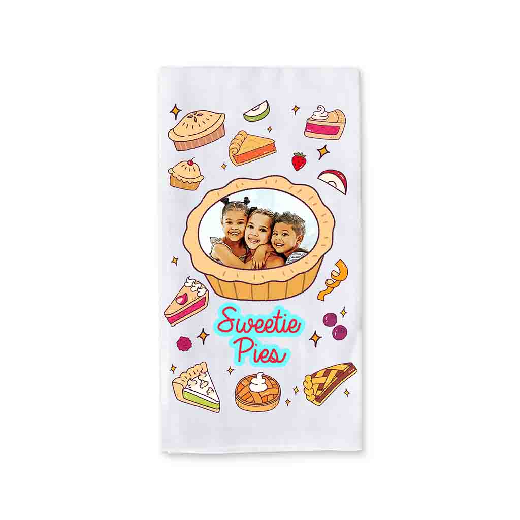 Sweetie Pies kitchen towel with photo and pie illustrations