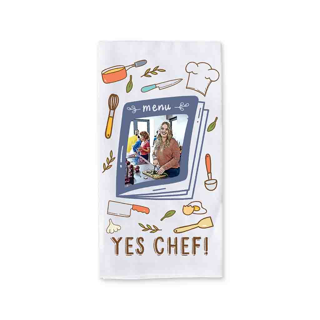 Yes Chef! towel with chef utensils and custom cartoon photo