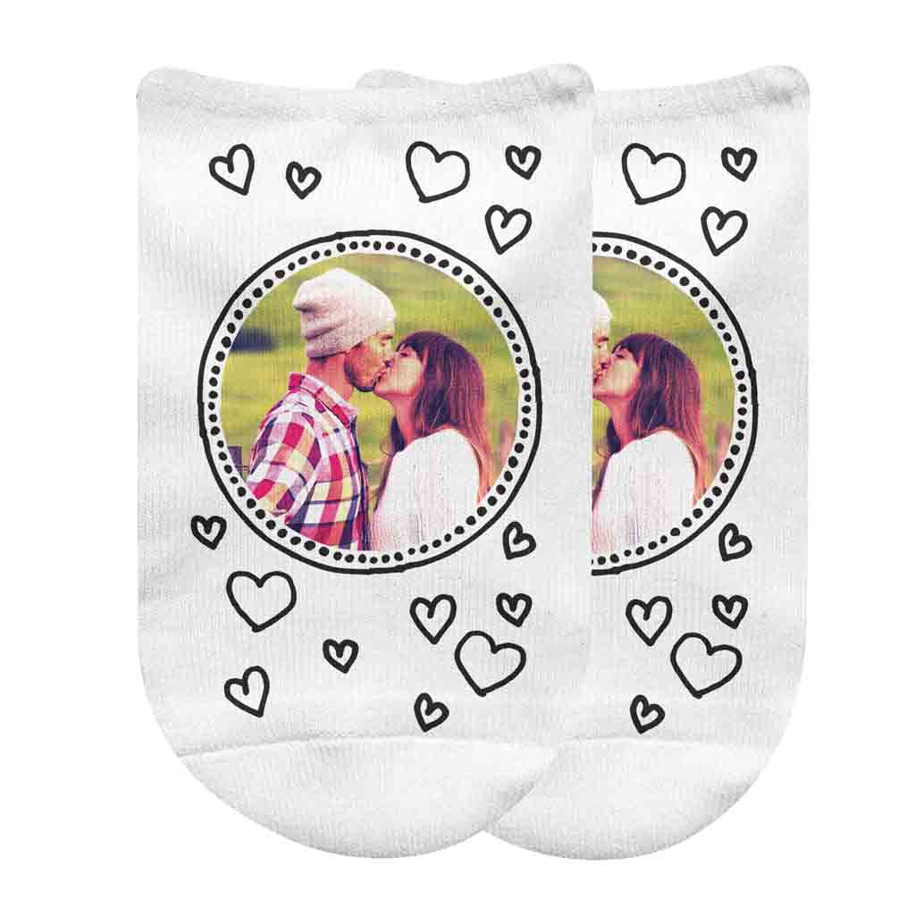 Custom printed cotton no show socks digitally printed and personalized using your own photo cropped into the all over hearts design makes the perfect gift. Great for Valentines Day or 2nd anniversary gift