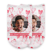 Pink or gray heart background design with my funny valentine design and your own photo digitally printed on white cotton no show socks.