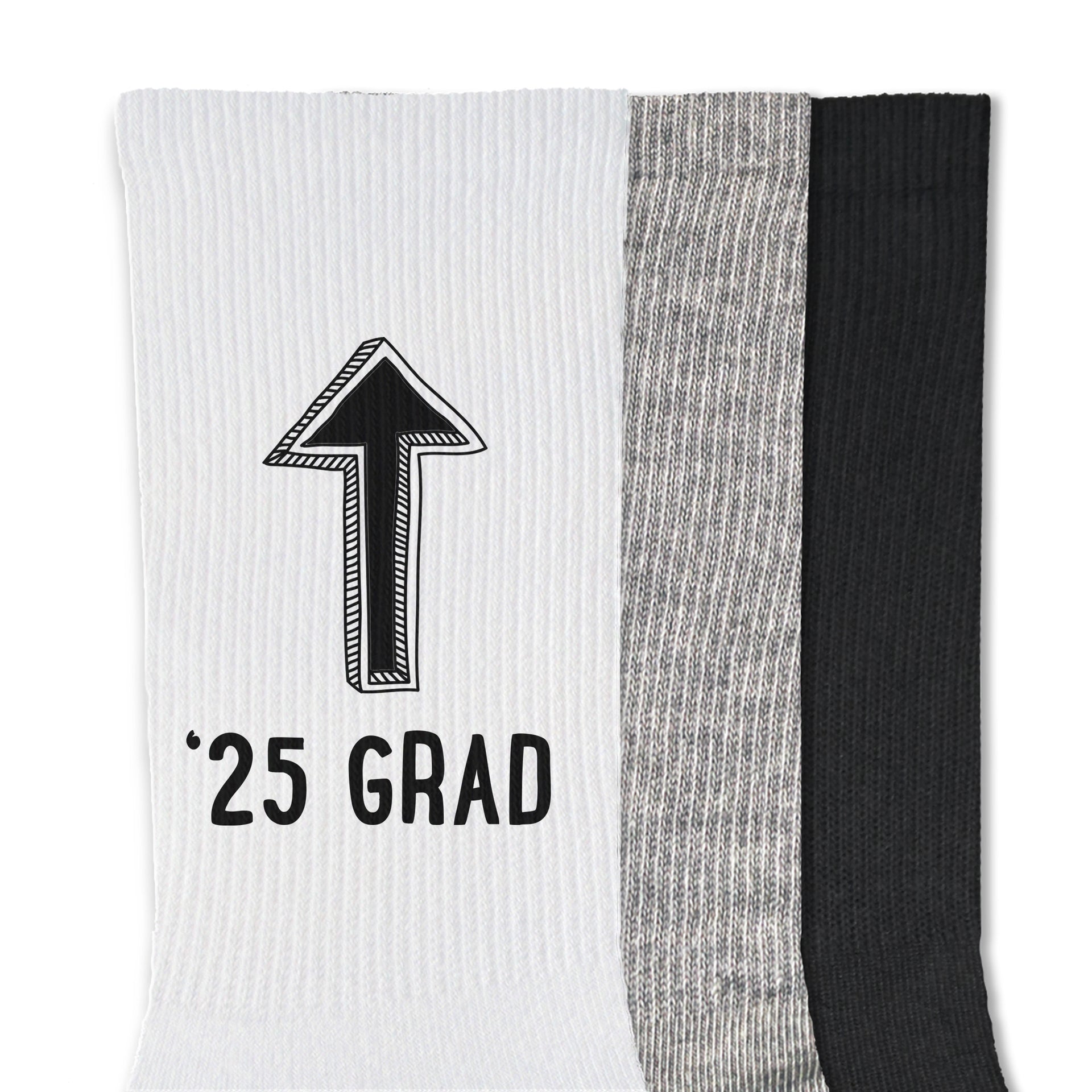 Funny graduation socks with '2025' and an arrow pointing up to the graduate—perfect gift for seniors.