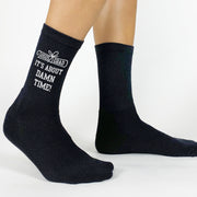 Custom 'It's About Damn Time' socks for graduates celebrating their big day.