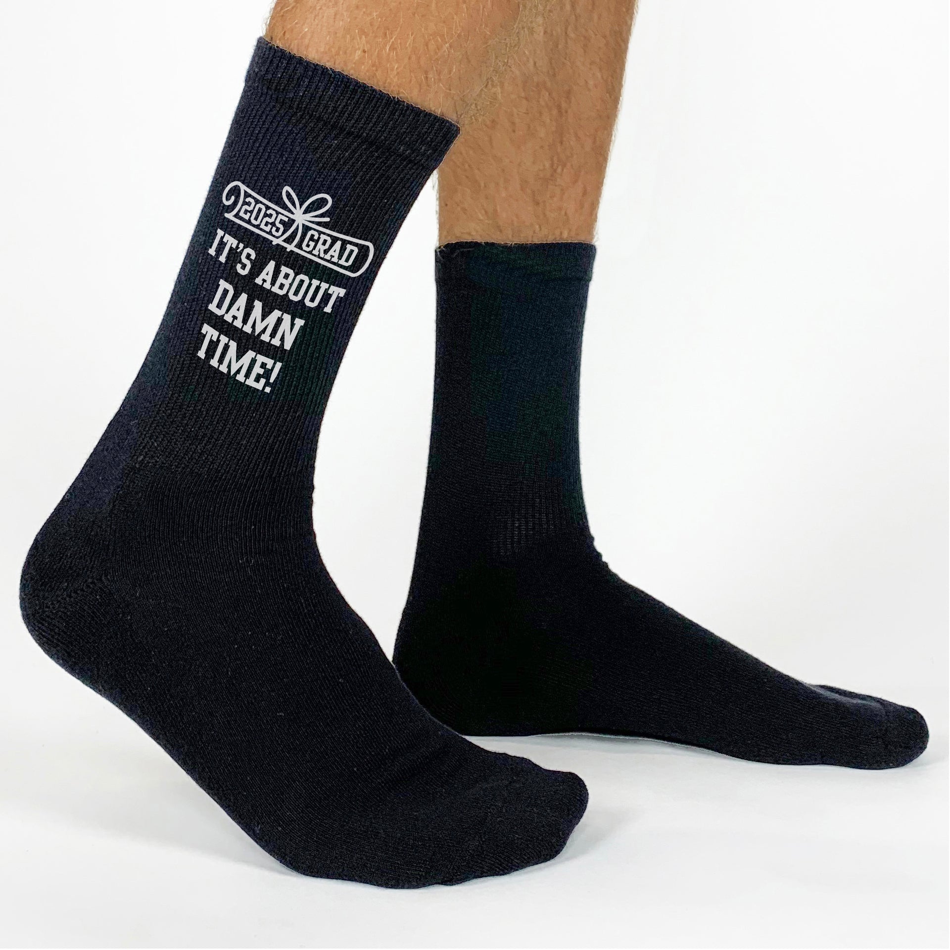 Hilarious 'It's About Damn Time' graduation socks for men and women.