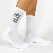 Hilarious 'It's About Damn Time' graduation socks for men and women.