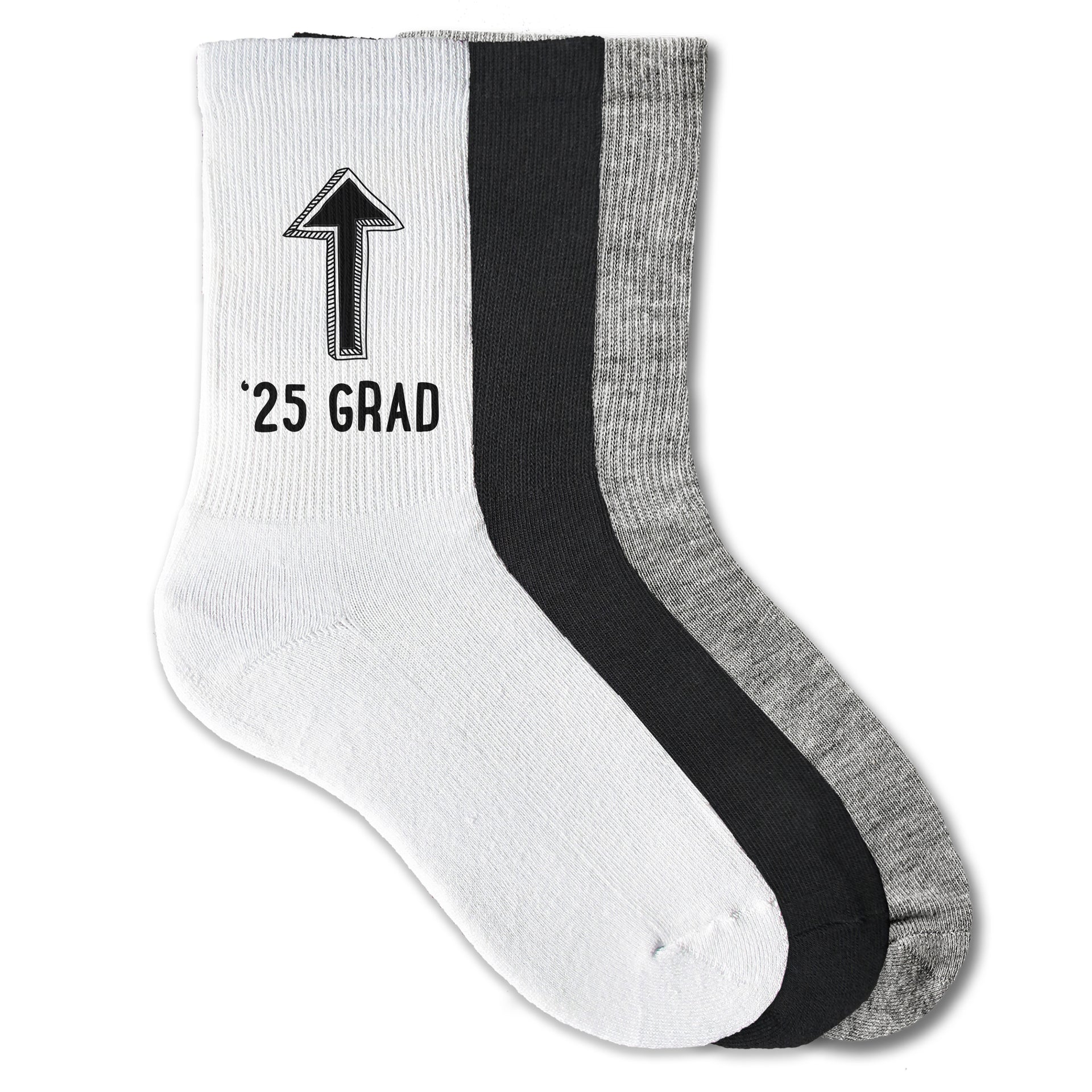 2025 graduation socks with an arrow pointing up to the grad—perfect for marking their big day