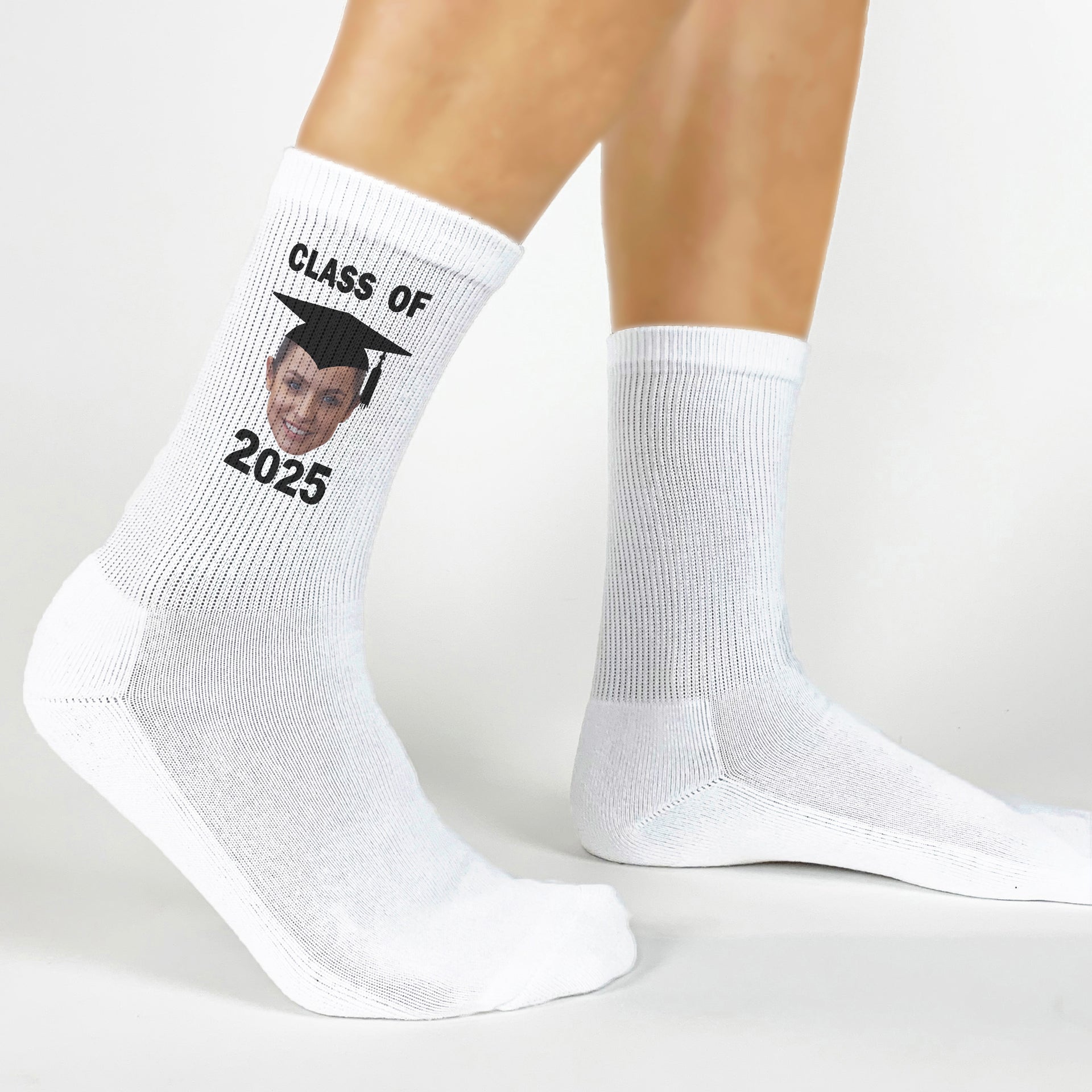 Unique graduation socks with the graduate’s photo and the year 2025—perfect for celebrating their achievement.