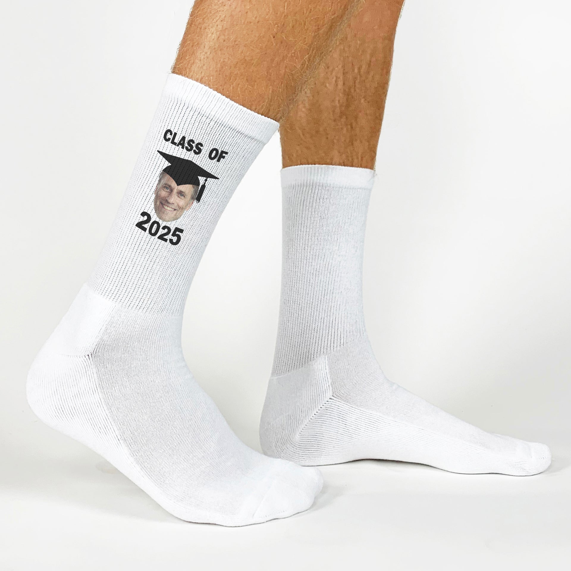 2025 graduation socks with a photo of the graduate in cap and gown—an unforgettable keepsake gift.